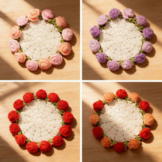 Handmade Crochet Flower Bouquet Coaster - Yarn Knitted Elegance, Gifts for Women Grandma Gift Pick, Unique House Decor