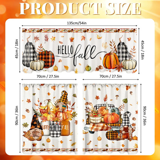 3PCS Halloween Fall Kitchen Curtains, Pumpkin & Maple Leaf Window Decor Set