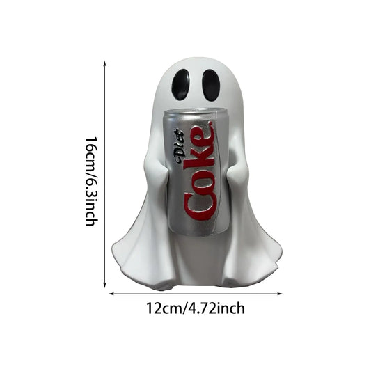Halloween Ghost Holding Drink Resin Figurine, Cute Spooky Desk Decor & Holiday Gift