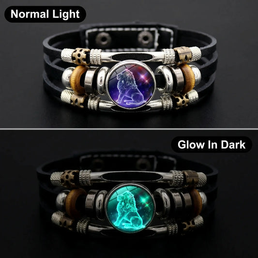 Glow-in-the-Dark Zodiac Leather Bracelet – 12 Sign Astrology Jewelry