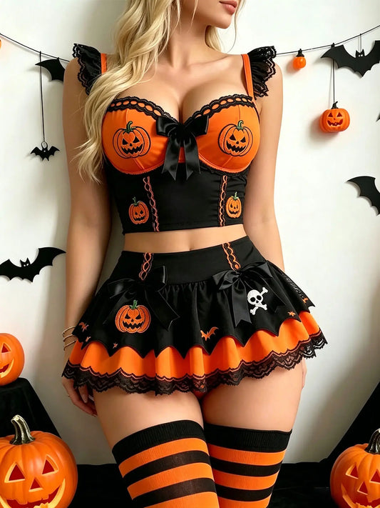 Women's Halloween Polyester Corset Dress & Ruffle Skirt Set, Orange-Black 2-Piece Outfit with Jack-O'-Lantern Embroidery, Bow Accents, Bat & Skull Prints, Role-Play Costume (Socks Not Included)