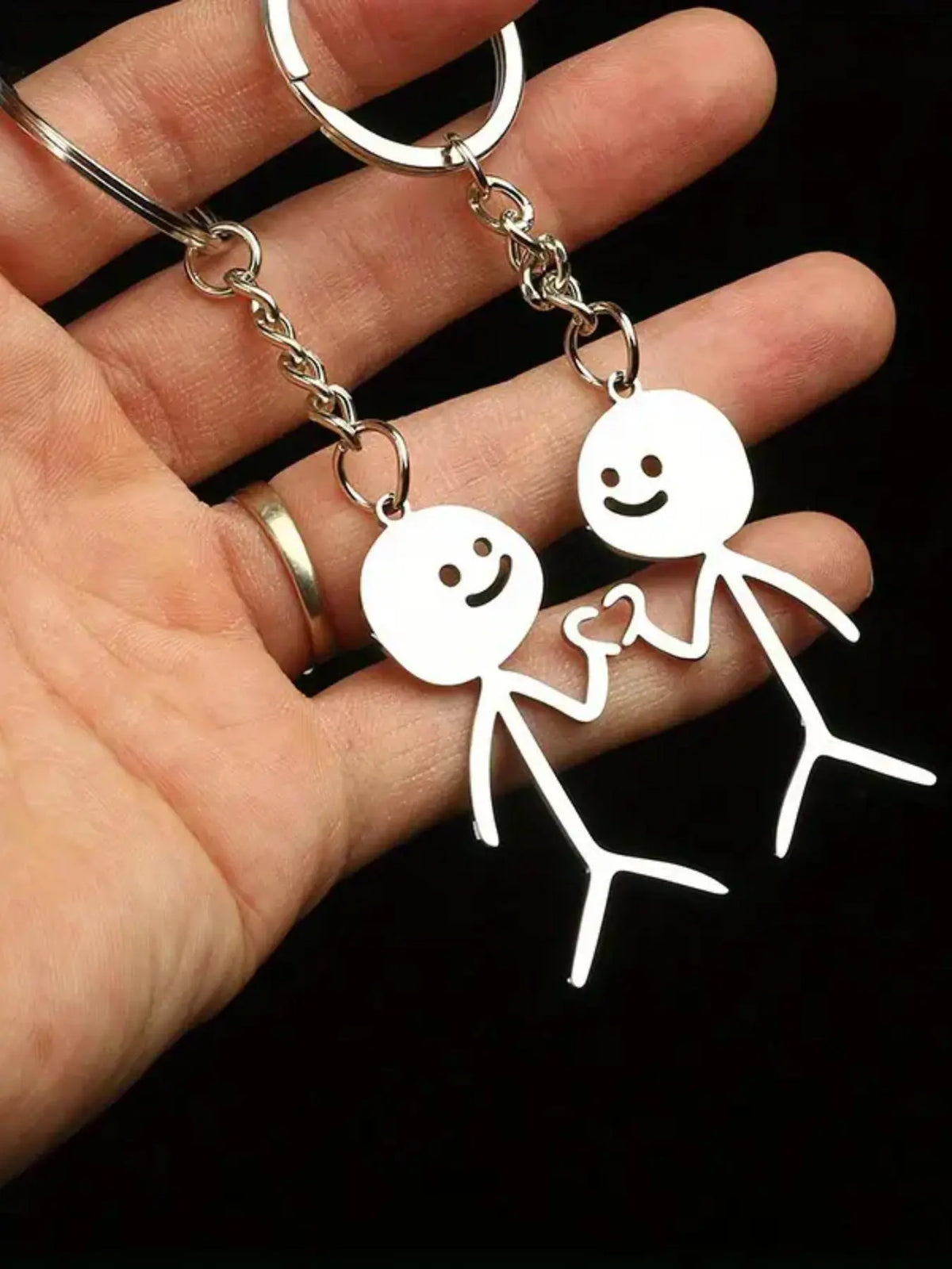Cute Cartoon Stickman Heart Keychain, Stainless Steel Keyring Gift for Women & Men