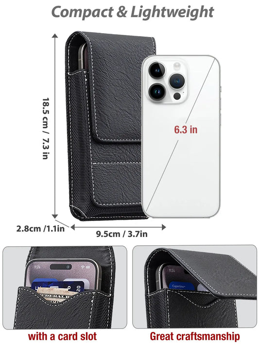 Men's Cell Phone Holster Pouch with Card Holder, Belt Clip Holster Casual Belt Bag for iPhone 17 Pro Max Samsung Galaxy S25 S24 S23 S22 S21 S20 Ultra A16 A15 A14 A13 A55, Black Available