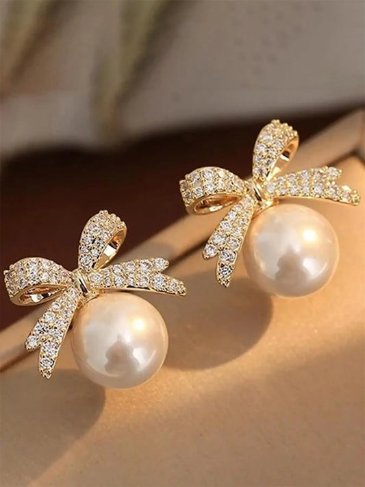 Faux Pearl & Rhinestone Bow Dangle Earrings, Elegant Sparkling Jewelry for Women