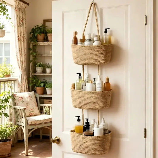 Woven cotton 3-Tier Over the Door Basket, Wall-Mounted Jute Bathroom Storage Organizer – Decorative Nursery Baskets, Perfect for Busy Mom/Dad to Store Diapers & Toys small basket Gift Hook laundry basket house organizers