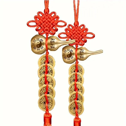 Brass 5-Emperor Coins Feng Shui Gourd Set, Wealth Protection Amulet & Chinese New Year Decor