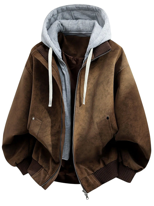 Men’s Hooded PU Jacket, Long Sleeve Casual Outdoor Coat