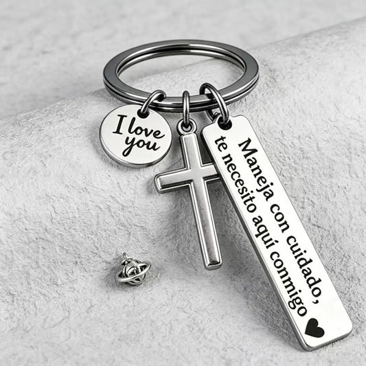 Maneja Con Cuidado Te Necesito Aquí Conmigo Keychain with Cross & "I Love You" Charm, Spanish Drive Safe Stainless Steel Keyring, Romantic Religious Gift for Him/Her Adjustable Heart Rate Couples Bracelet Set Rotating Retractable Reading Badge Holder, Key