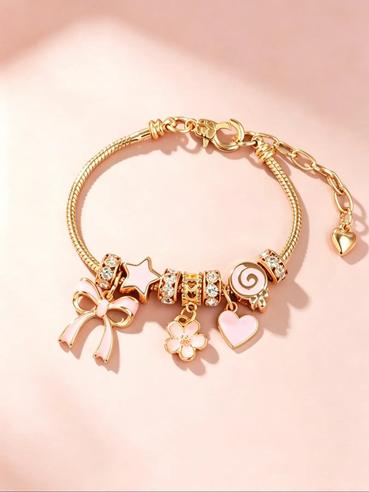 Cute Bow & Heart & Flower Design Charm Bracelet, Rhinestone Decorated Bracelet for Women & Girls, Bracelet for Birthday Gift, Fashionable Bracelet, Fashionable Bracelet Style