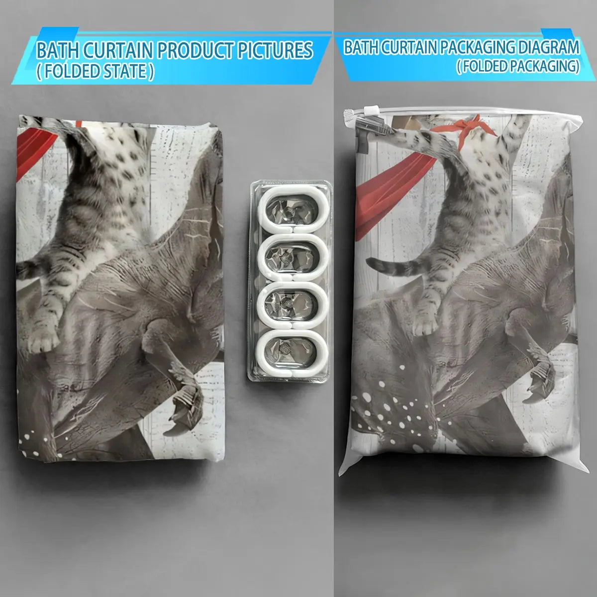 Dinosaur & Cat Shower Curtain, Waterproof Bathroom Decor with 12 Hooks