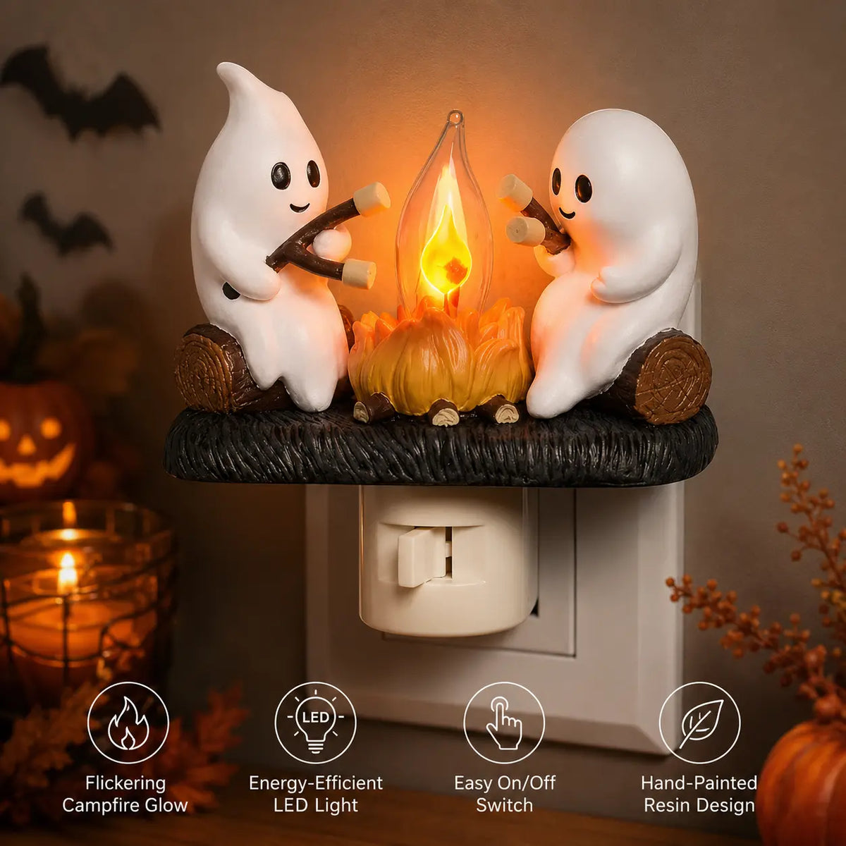 3D Flickering Campfire Plug-In Night Light, Cute Resin LED Holiday Decor for Bedroom & Hallway
