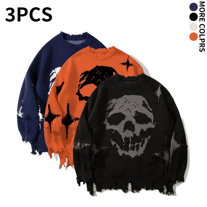 Distressed Fringe Knit Sweater – Oversized Orange Skull Jacquard Pullover with Ripped Details, Y2K Gothic Streetwear Style