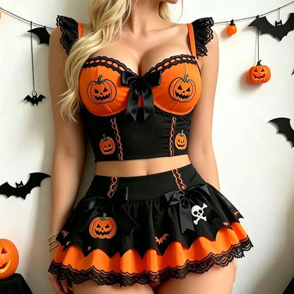 Women's Halloween Polyester Corset Dress & Ruffle Skirt Set, Orange-Black 2-Piece Outfit with Jack-O'-Lantern Embroidery, Bow Accents, Bat & Skull Prints, Role-Play Costume (Socks Not Included)