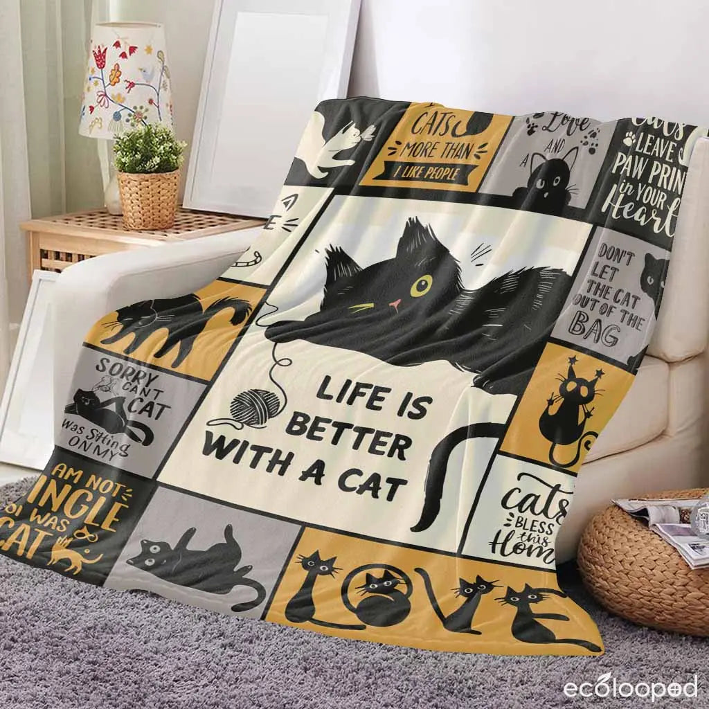 Halloween Cat Flannel Throw Blanket, Soft Warm Lightweight Paw Print Blanket for Cozy Home Decor