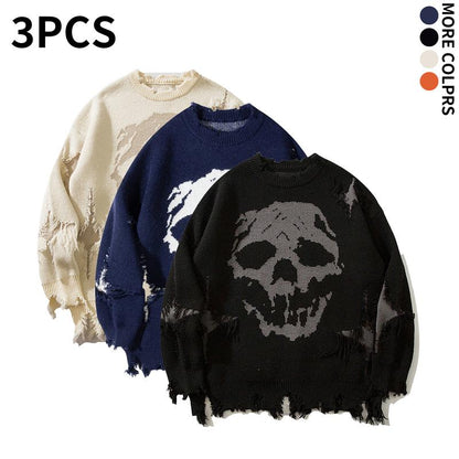 Distressed Fringe Knit Sweater – Oversized Orange Skull Jacquard Pullover with Ripped Details, Y2K Gothic Streetwear Style
