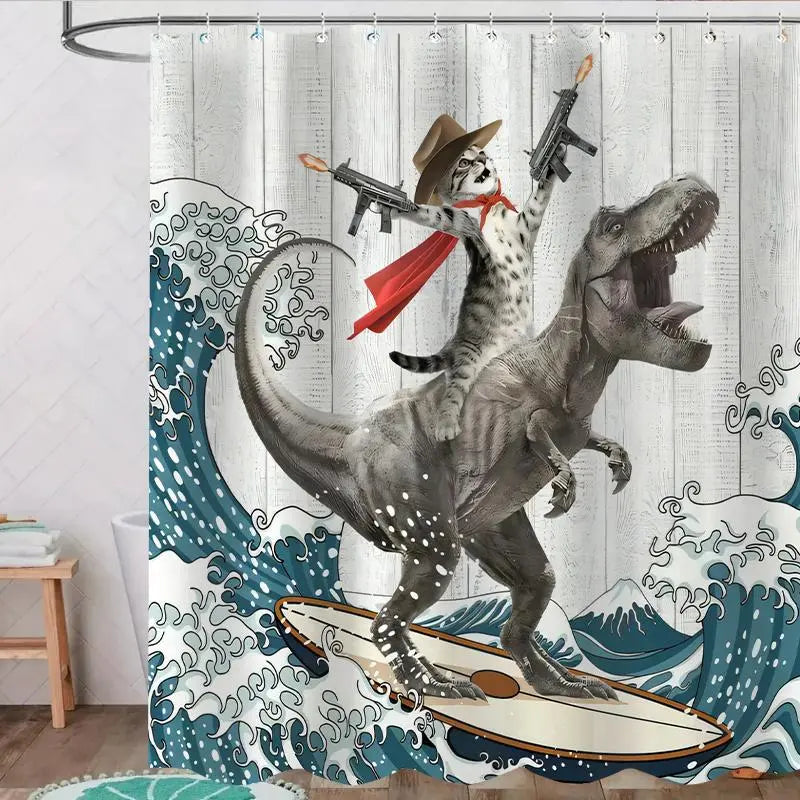 Dinosaur & Cat Shower Curtain, Waterproof Bathroom Decor with 12 Hooks