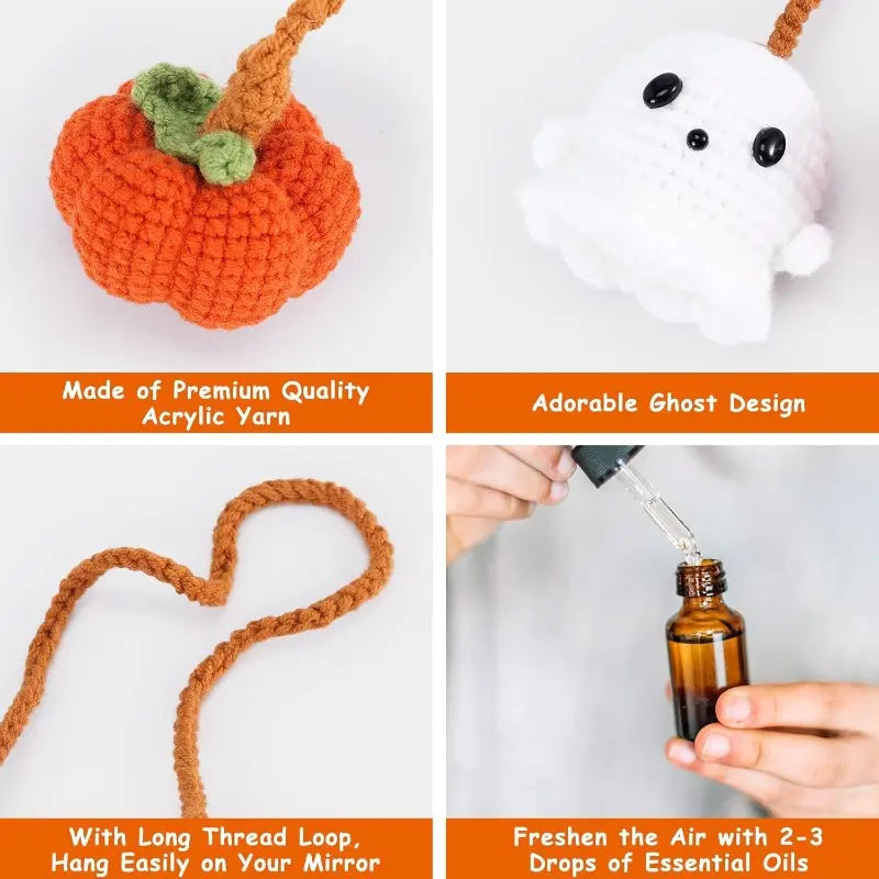 Crochet Ghost & Pumpkin Rearview Mirror Charm, Handmade Cute Halloween Car Ornament, Spooky Fall Decoration