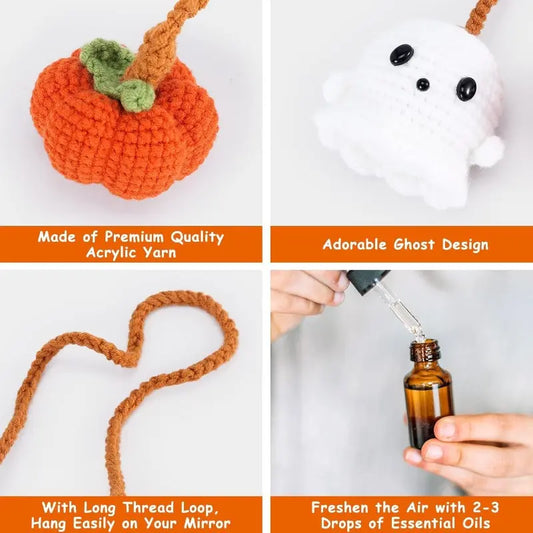 Crochet Ghost & Pumpkin Rearview Mirror Charm, Handmade Cute Halloween Car Ornament, Spooky Fall Decoration
