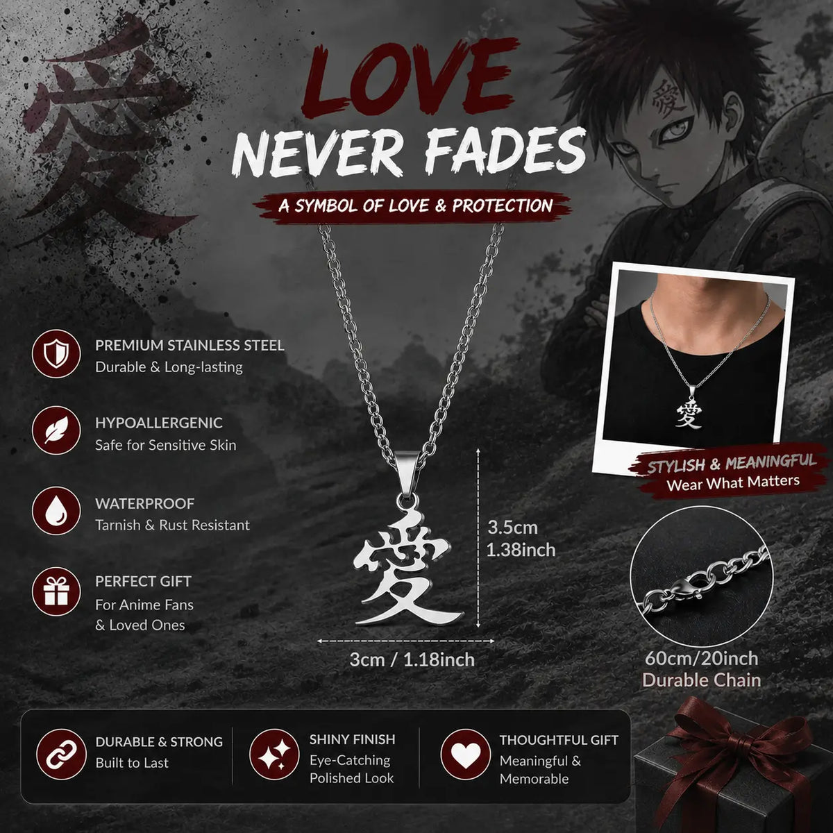 Kanji（love） Pendant Necklace, Streetwear Style Jewelry for Men & Fans