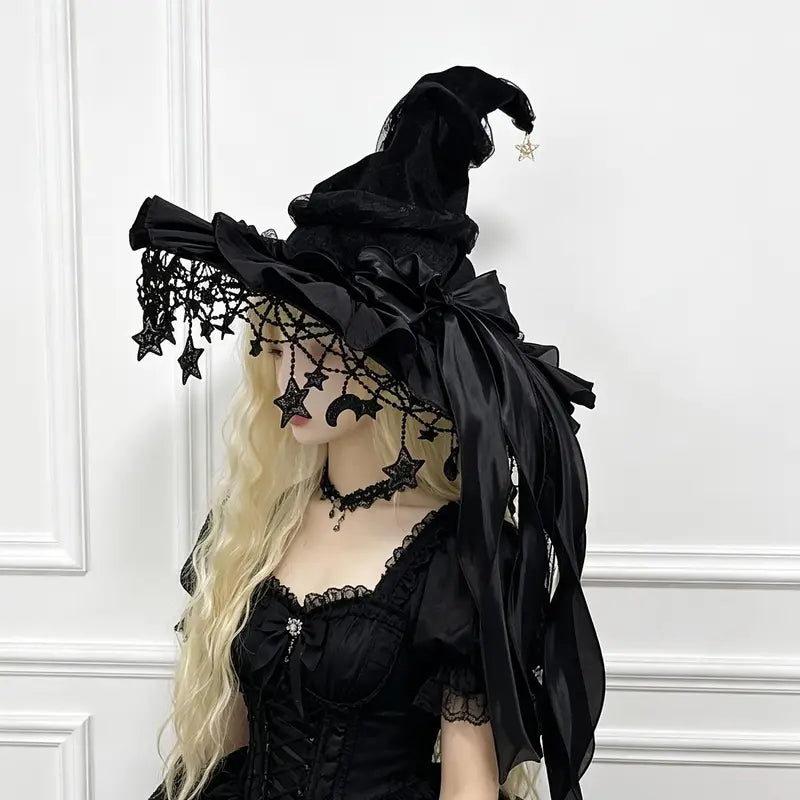 2-Piece Gothic Witch Hat & Moon Star Necklace Set – Starry Tulle Halloween Party Accessories