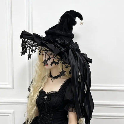 2-Piece Gothic Witch Hat & Moon Star Necklace Set – Starry Tulle Halloween Party Accessories