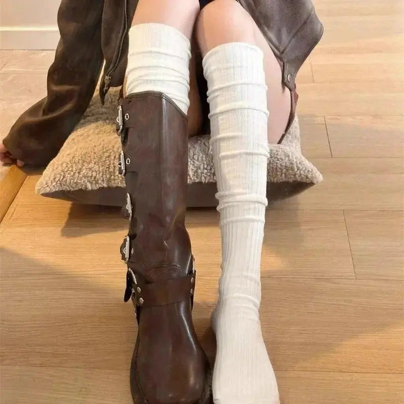Fall Winter Women Solid Color Slouchy Stackable Knee‑High Socks, Soft Pure Cotton Warm Calf Socks, Cozy Casual Boot Socks for Daily Wear & Matching Boots