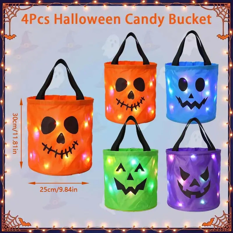 LED Halloween Pumpkin Candy Buckets & Goodie Bags, Reusable Trick-or-Treat Gift Set for Kids