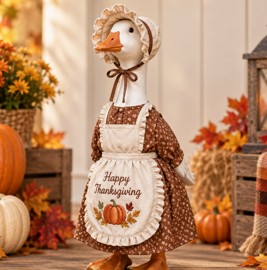 23" Goose Outfit Set, Thanksgiving Pumpkin Floral Dress & Ruffled Hat for Lawn Goose Decor