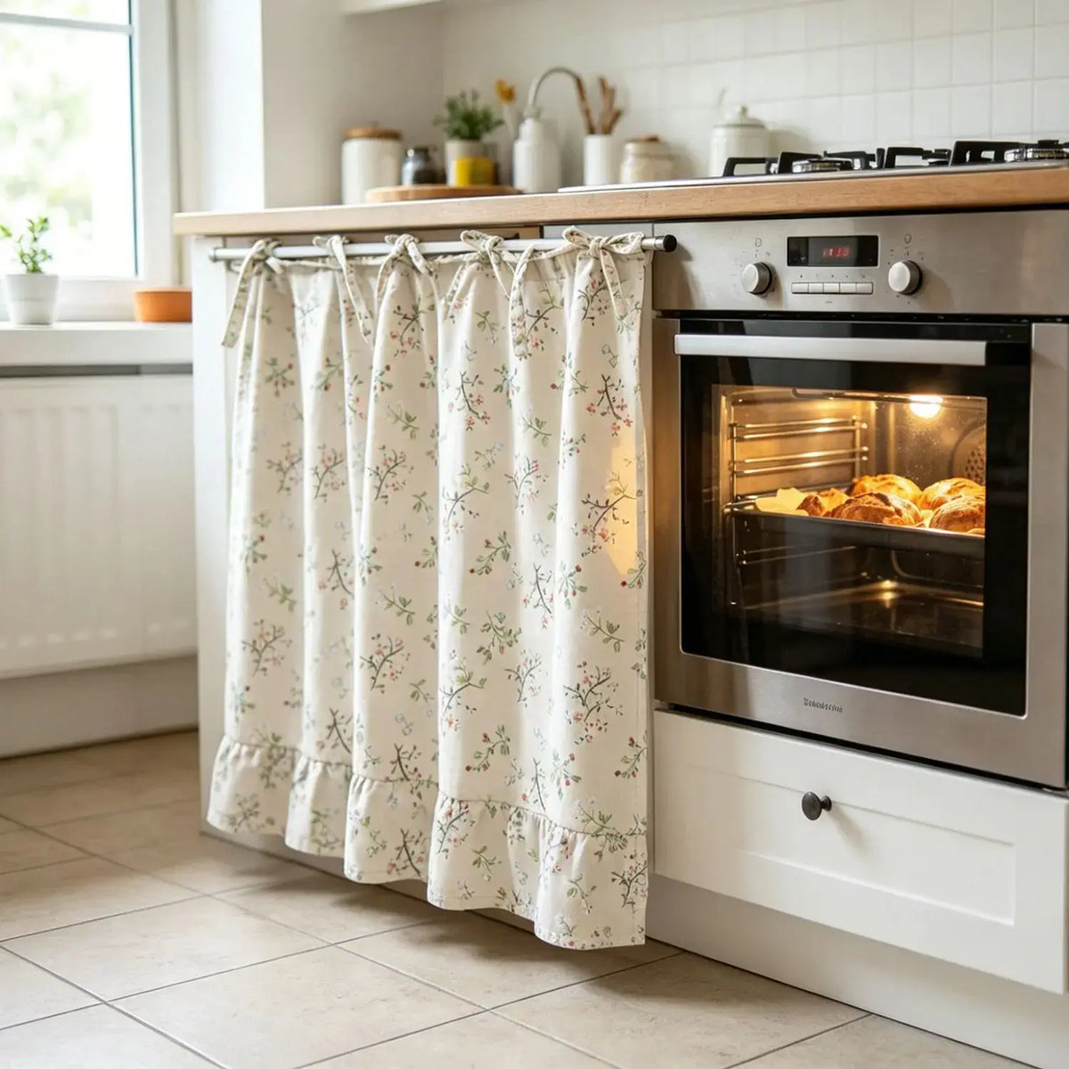 Christmas Oven Curtain Stove Cover, Festive Farmhouse Appliance Skirt with Ruffle Bows & Splatter Guard