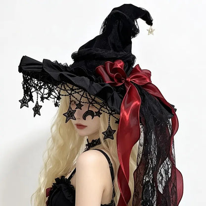 2-Piece Gothic Witch Hat & Moon Star Necklace Set – Starry Tulle Halloween Party Accessories