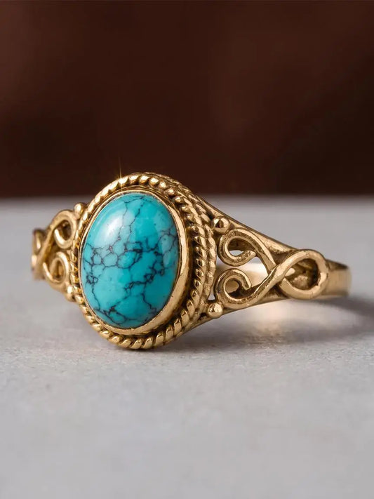 Boho Turquoise Texture Ring for Women, Vintage Fashion Jewelry