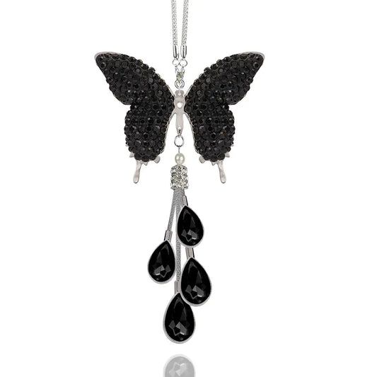 Bling Crystal Butterfly Car Charm, Rhinestone & Pearl Rearview Mirror Pendant, Cute Girly Car Hanging Decoration
