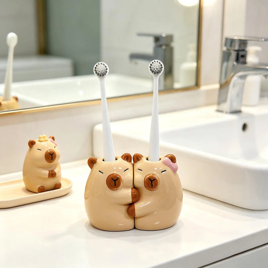 Hugging Capybara Ceramic Toothbrush Holder, Cute Multi-Purpose Organizer for Pens, Makeup Brushes & Small Flowers