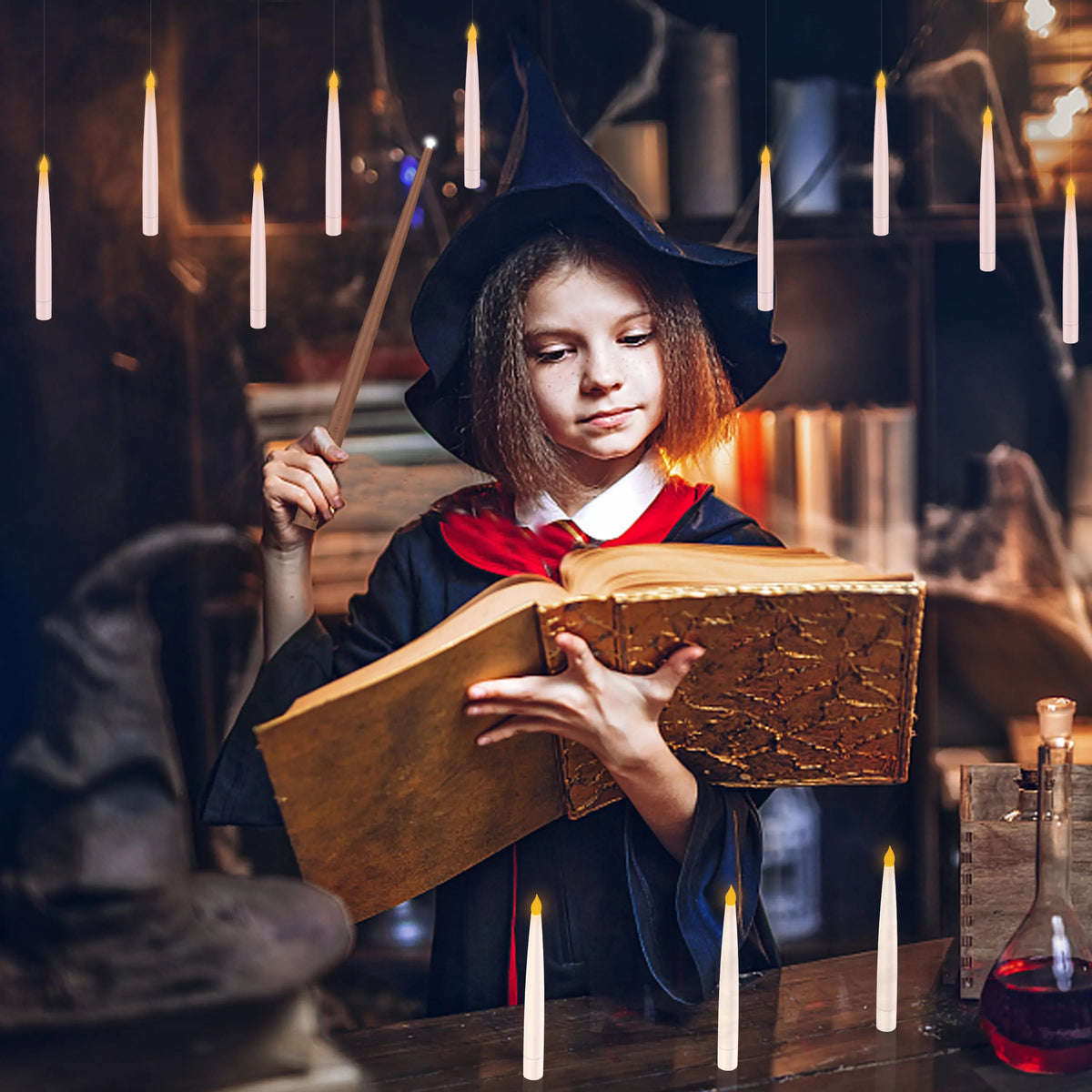 Flameless Floating Candles with Magic Wand Remote, Flickering LED Hanging Candles for Christmas & Halloween Decor