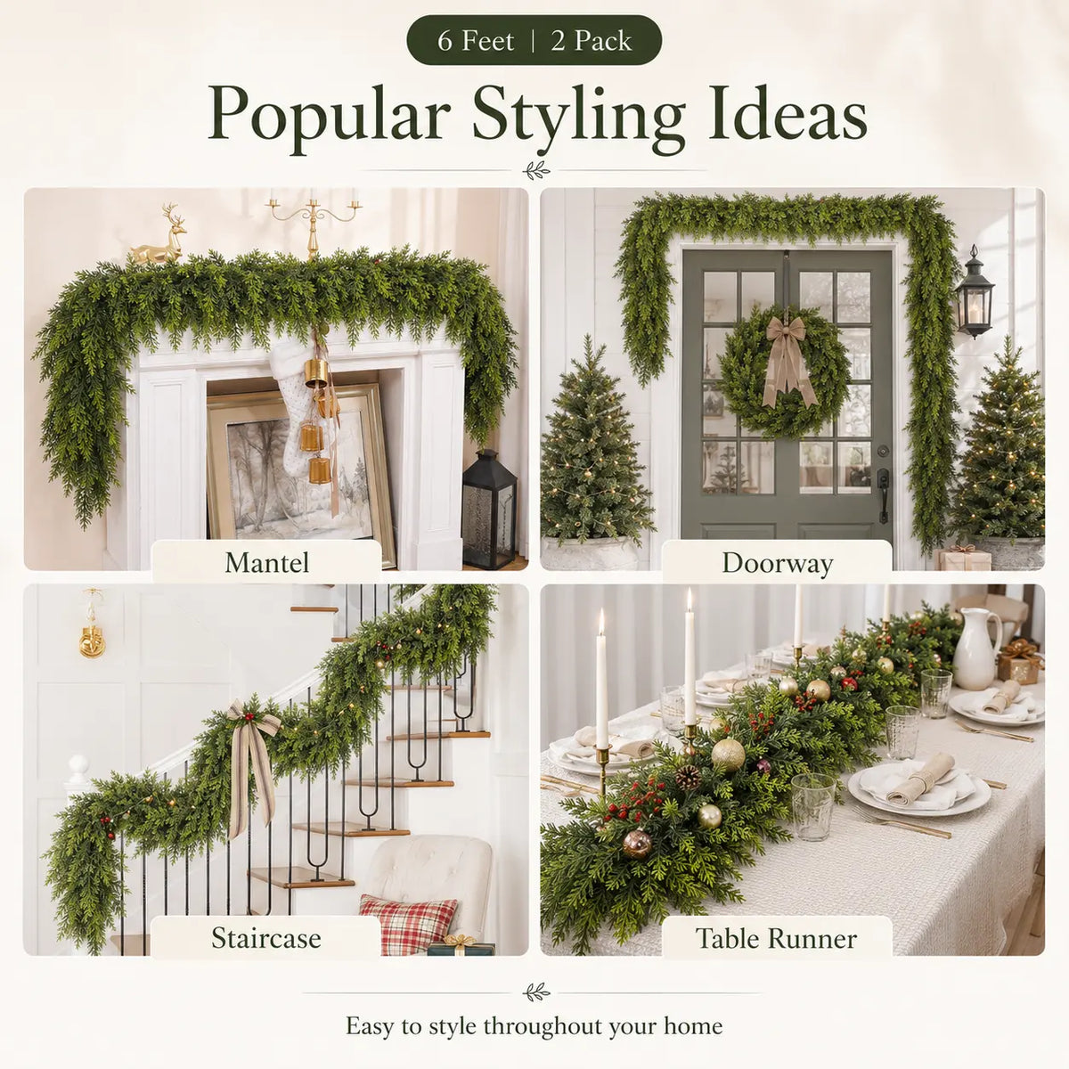 2-Pack 6 FT Artificial Cedar Garlands, Real-Touch Pine Greenery for Mantle, Wall & Holiday Decor