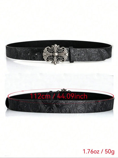 Boho Faux Leather Western Belt with Cross Buckle, Gothic Cowboy Belt for Men & Women