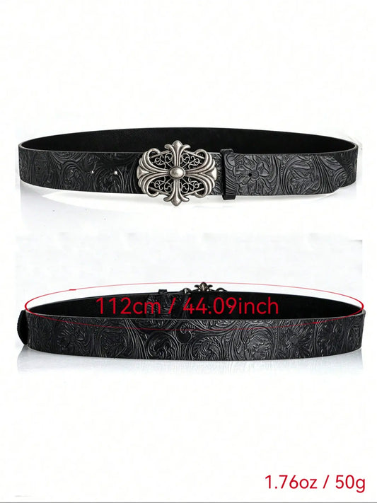 Boho Faux Leather Western Belt with Cross Buckle, Gothic Cowboy Belt for Men & Women