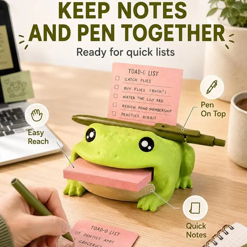 Cute Frog Desk Organizer – Sticky Note Holder with Pen Rest & 3 Writing Stencils