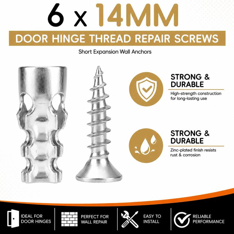 6x14mm Short Expansion Screws, 30/60 Pack Door Hinge & Cabinet Thread Repair Anchors