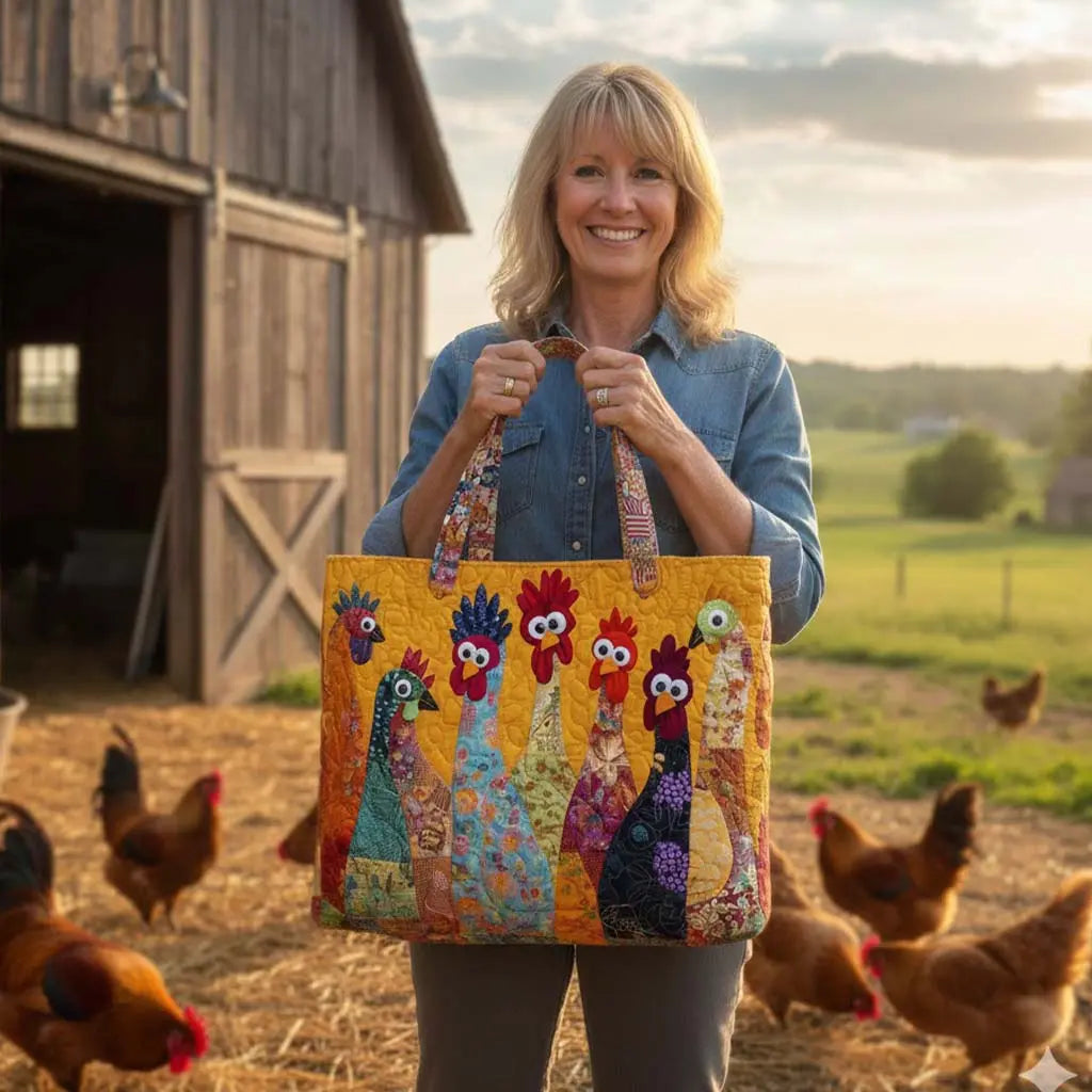 Cute Chicken Quilted Tote Bag, Printed Shoulder Bag for Grocery, Travel & Everyday Use