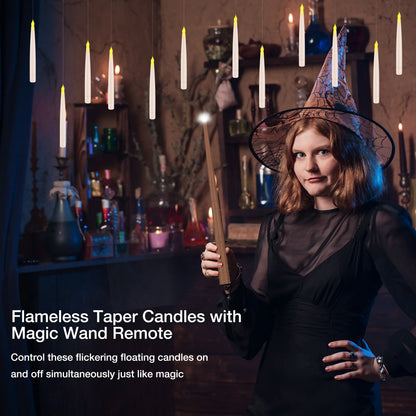 Flameless Floating Candles with Magic Wand Remote, Flickering LED Hanging Candles for Christmas & Halloween Decor