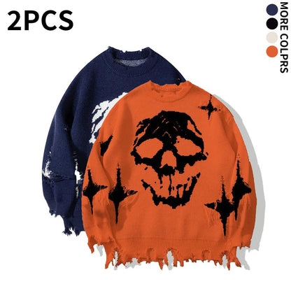 Distressed Fringe Knit Sweater – Oversized Orange Skull Jacquard Pullover with Ripped Details, Y2K Gothic Streetwear Style