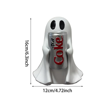 Halloween Ghost Holding Drink Resin Figurine, Cute Spooky Desk Decor & Holiday Gift
