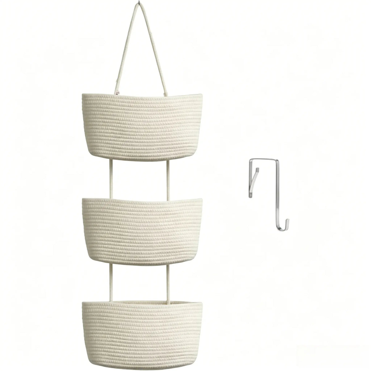 Woven cotton 3-Tier Over the Door Basket, Wall-Mounted Jute Bathroom Storage Organizer – Decorative Nursery Baskets, Perfect for Busy Mom/Dad to Store Diapers & Toys small basket Gift Hook laundry basket house organizers