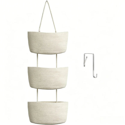 Woven cotton 3-Tier Over the Door Basket, Wall-Mounted Jute Bathroom Storage Organizer – Decorative Nursery Baskets, Perfect for Busy Mom/Dad to Store Diapers & Toys small basket Gift Hook laundry basket house organizers