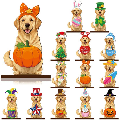 Halloween Golden Retriever Desk Sign with Magnetic Hat, Cute Wooden Decor for Dog Lovers & Pet Families