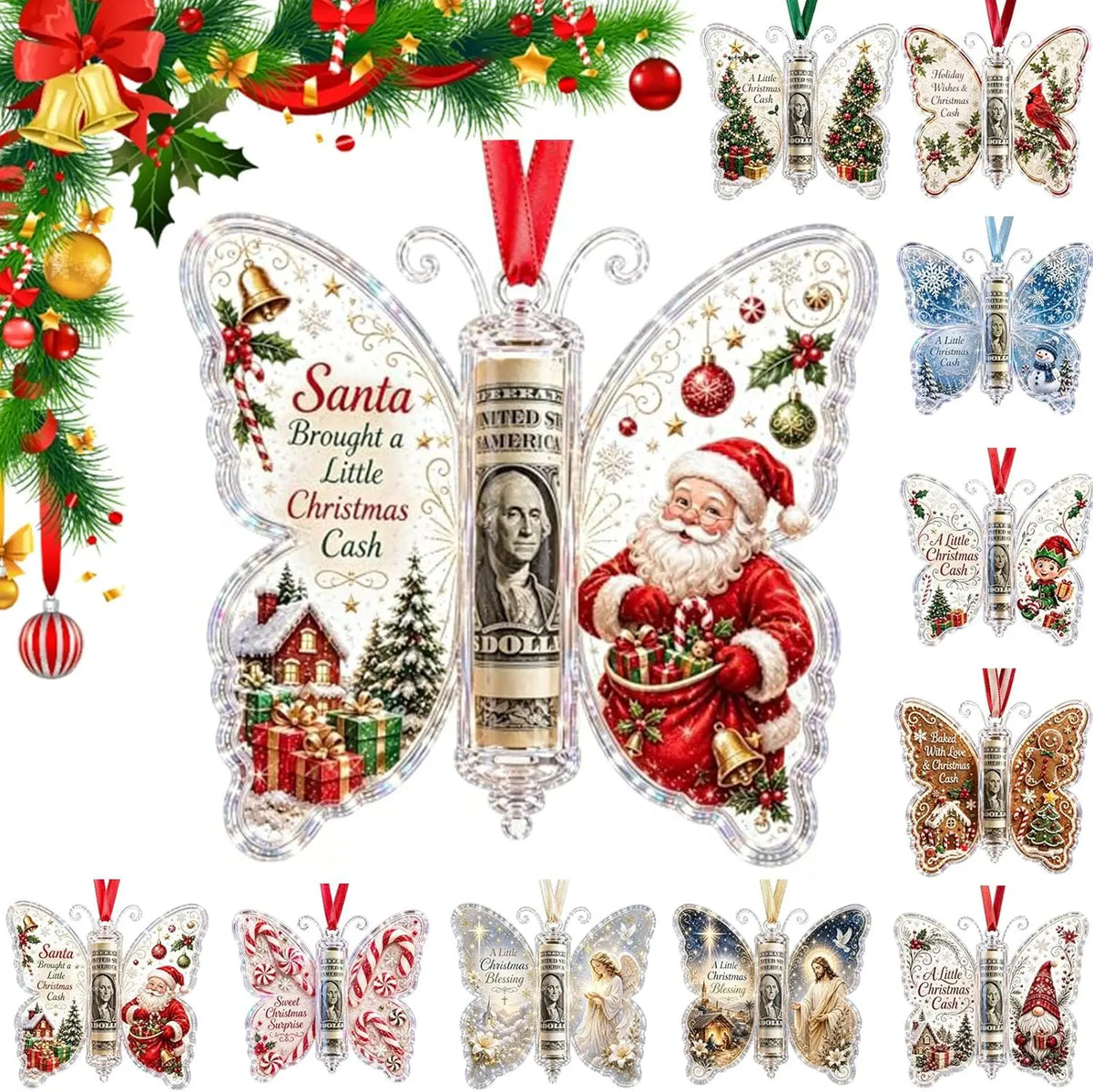 Christmas Cash Gift Ornament, Butterfly Money Holder with Clear Acrylic Display, 5PCS Set