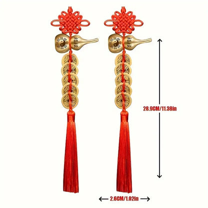 Brass 5-Emperor Coins Feng Shui Gourd Set, Wealth Protection Amulet & Chinese New Year Decor
