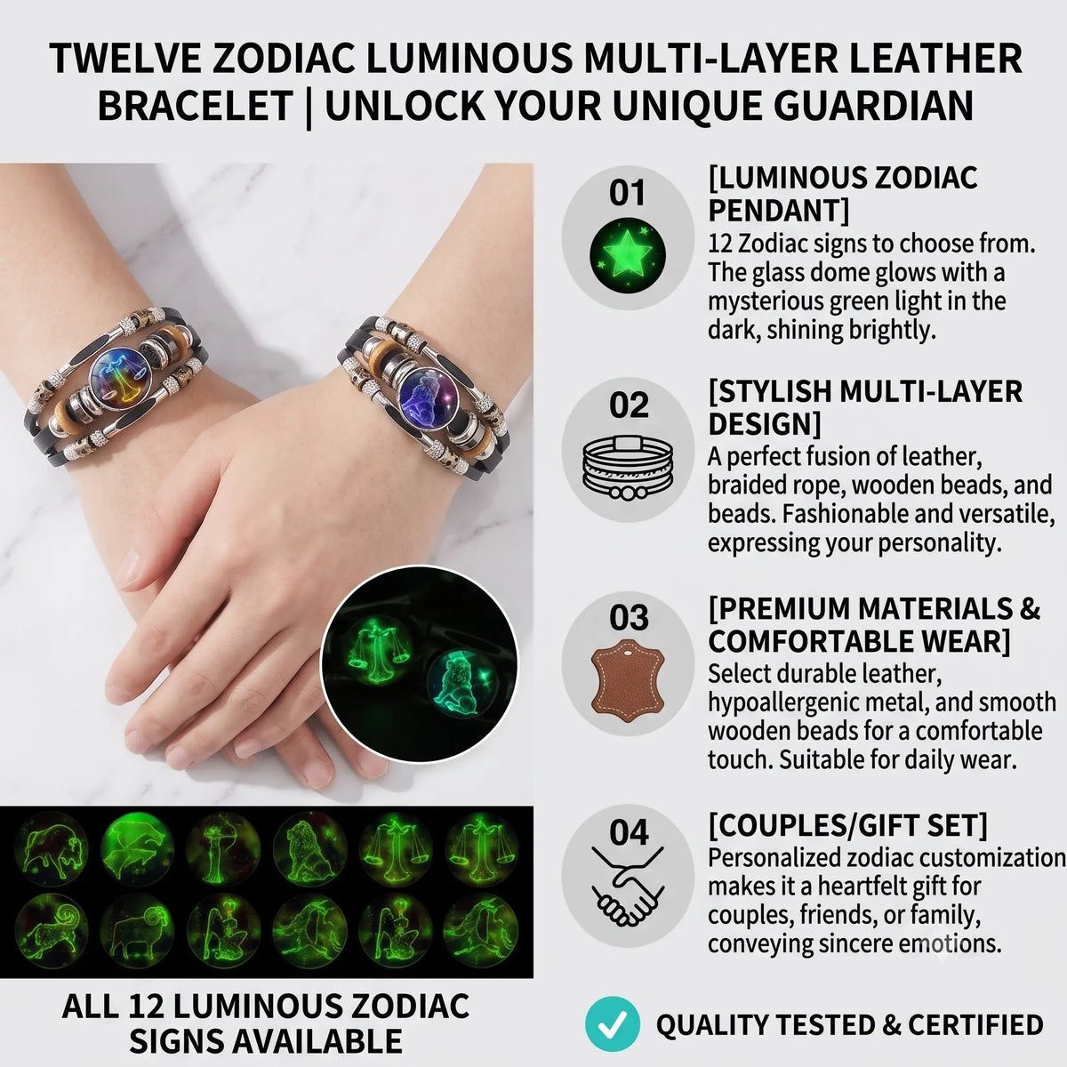 Glow-in-the-Dark Zodiac Leather Bracelet – 12 Sign Astrology Jewelry