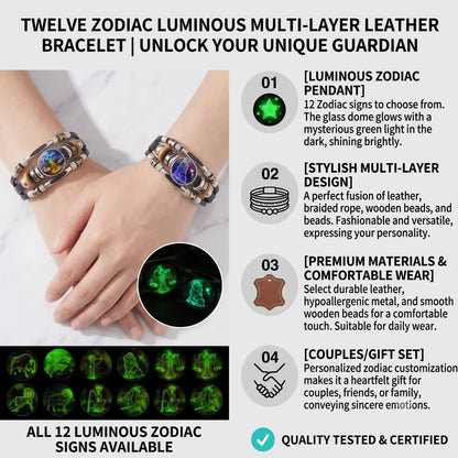 Glow-in-the-Dark Zodiac Leather Bracelet – 12 Sign Astrology Jewelry